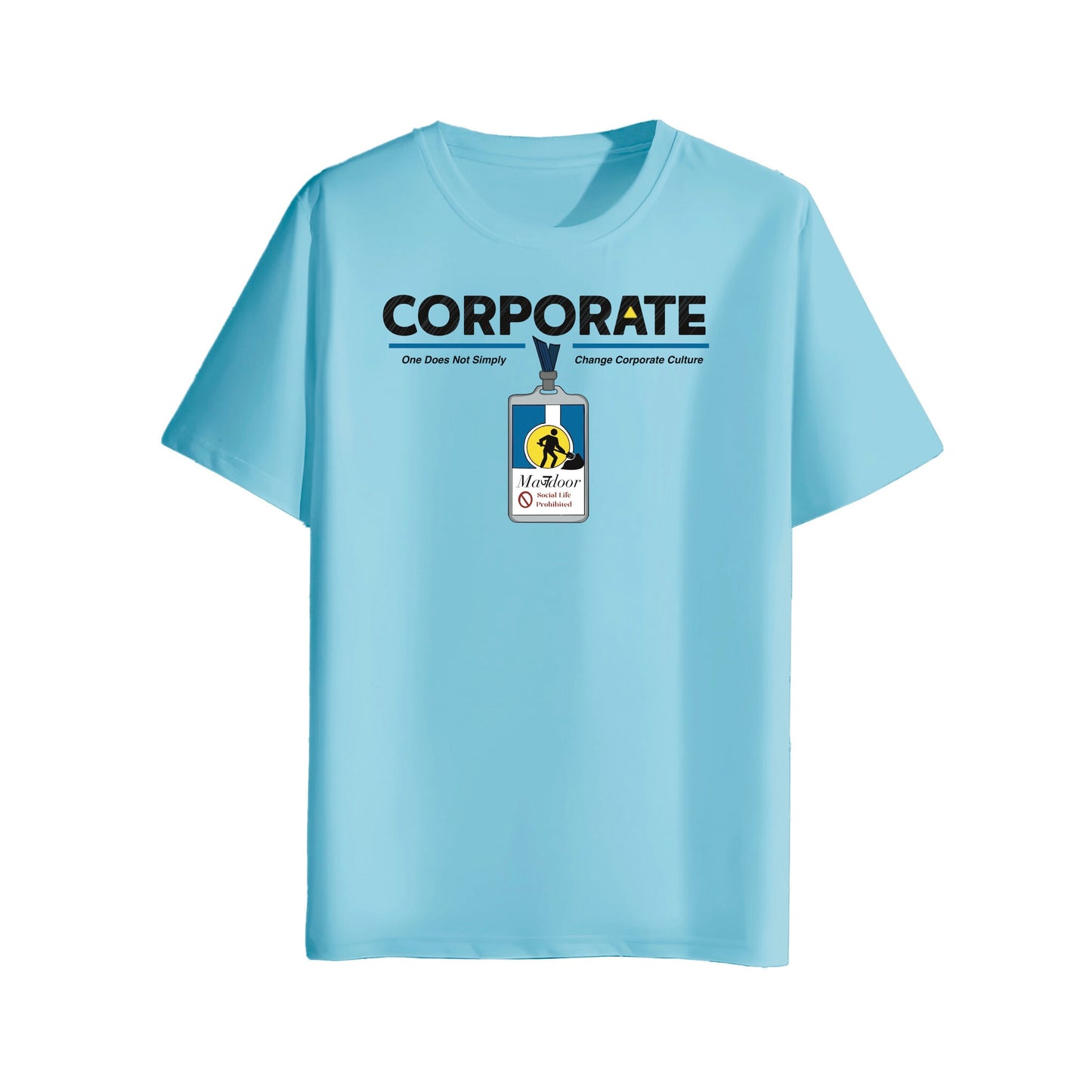 light blue  t-shirt with a graphic design of corporate mazdoor id badge  on a white background