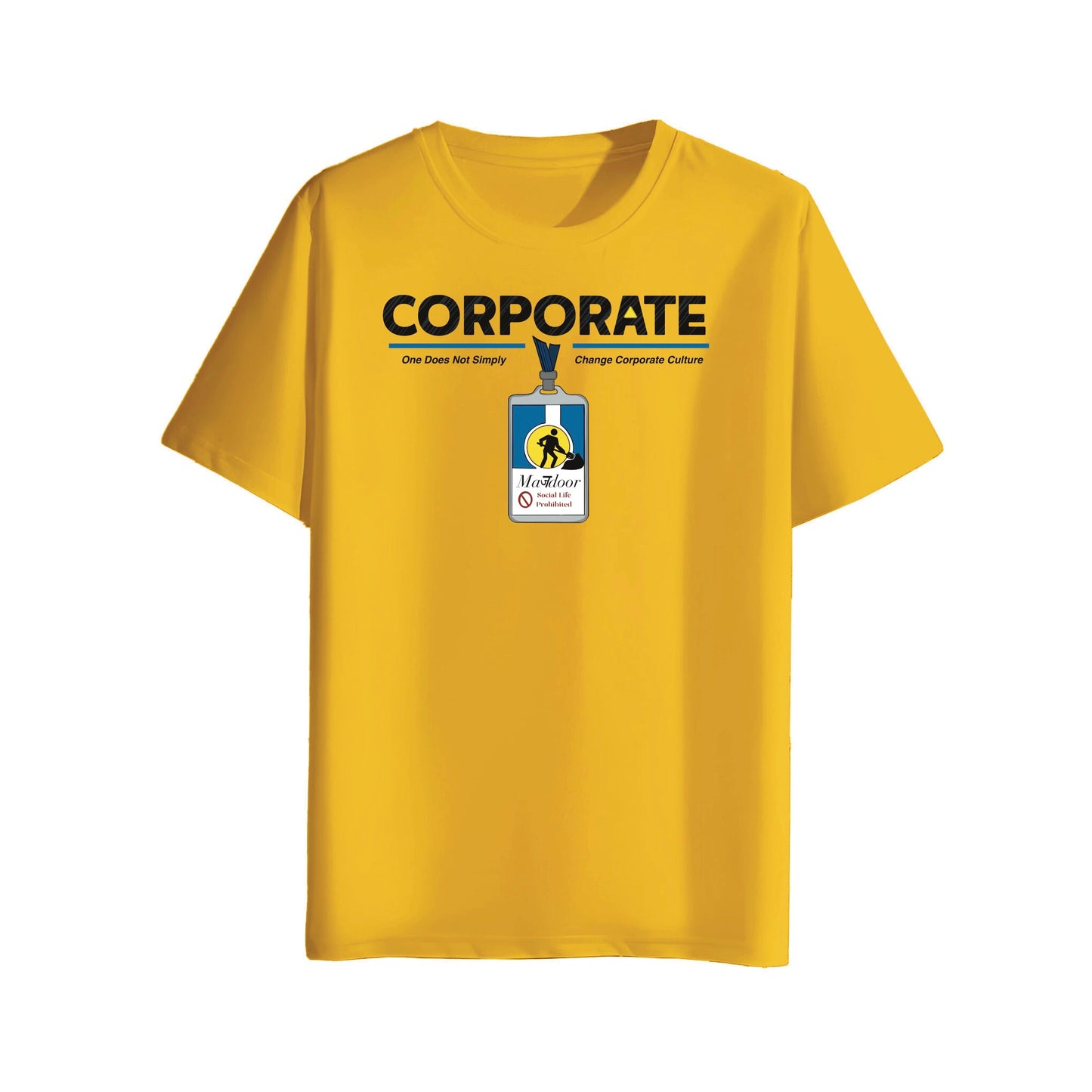 mustard yellow  t-shirt with a graphic design of corporate mazdoor id badge  on a white background