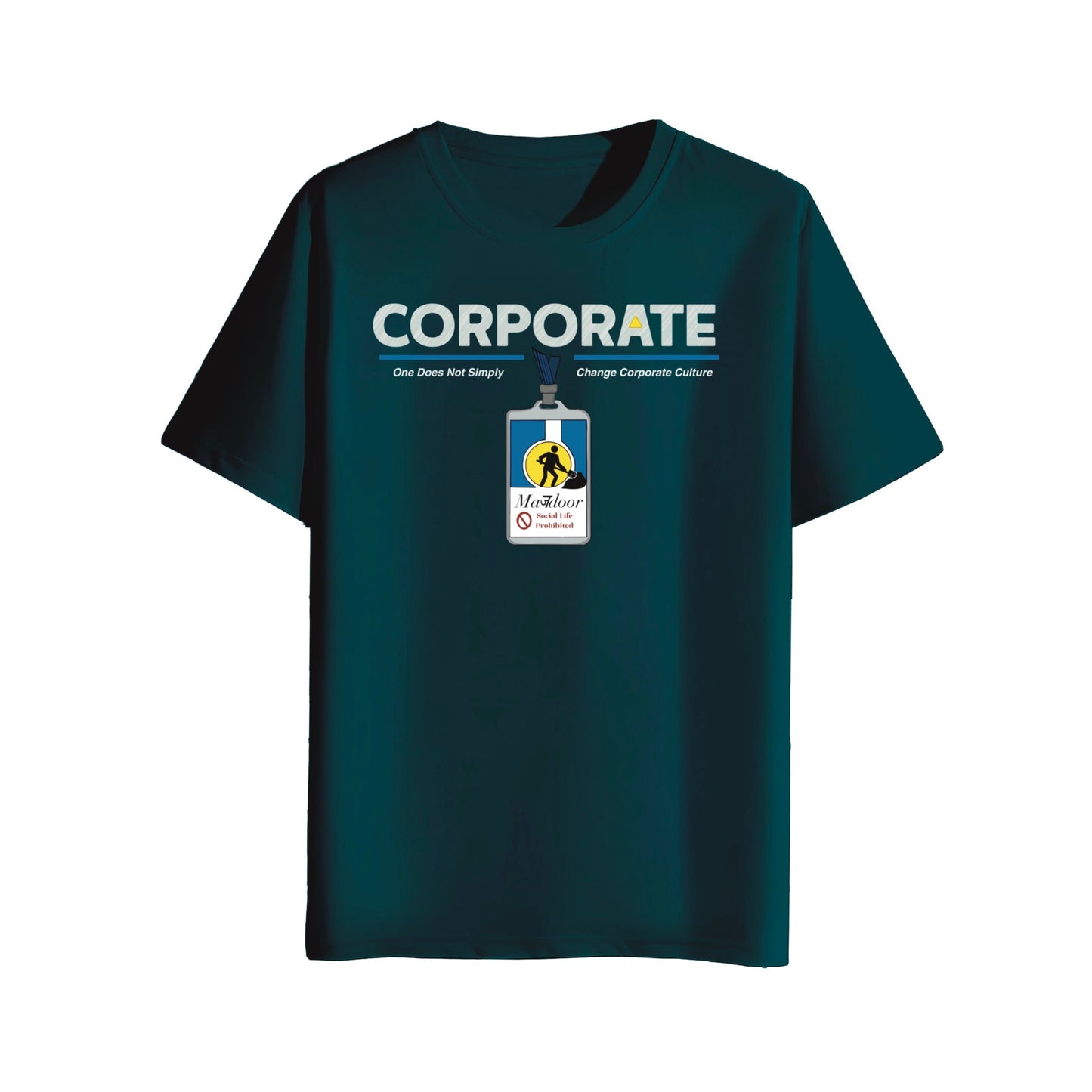 petrol blue  t-shirt with a graphic design of corporate mazdoor id badge  on a white background
