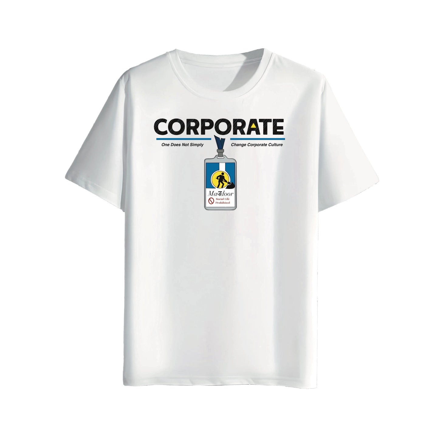 White t-shirt with a graphic design of corporate mazdoor id badge  on a white background