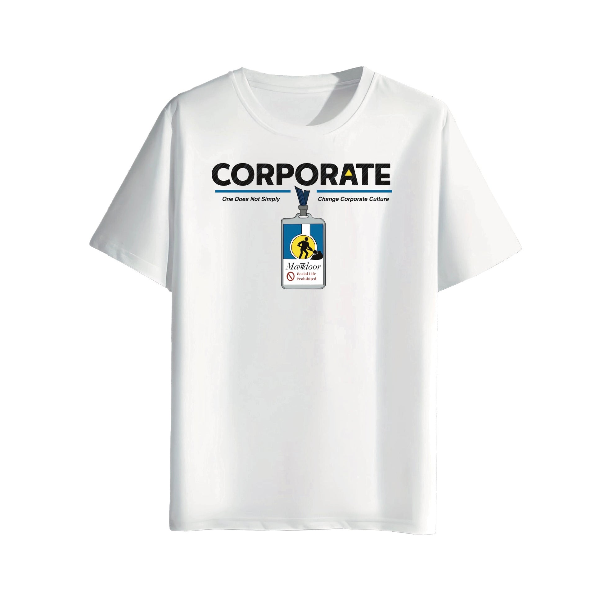White t-shirt with a graphic design of corporate mazdoor id badge  on a white background