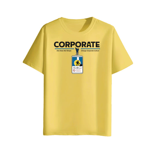 yellow t-shirt with a graphic design of corporate mazdoor id badge  on a white background