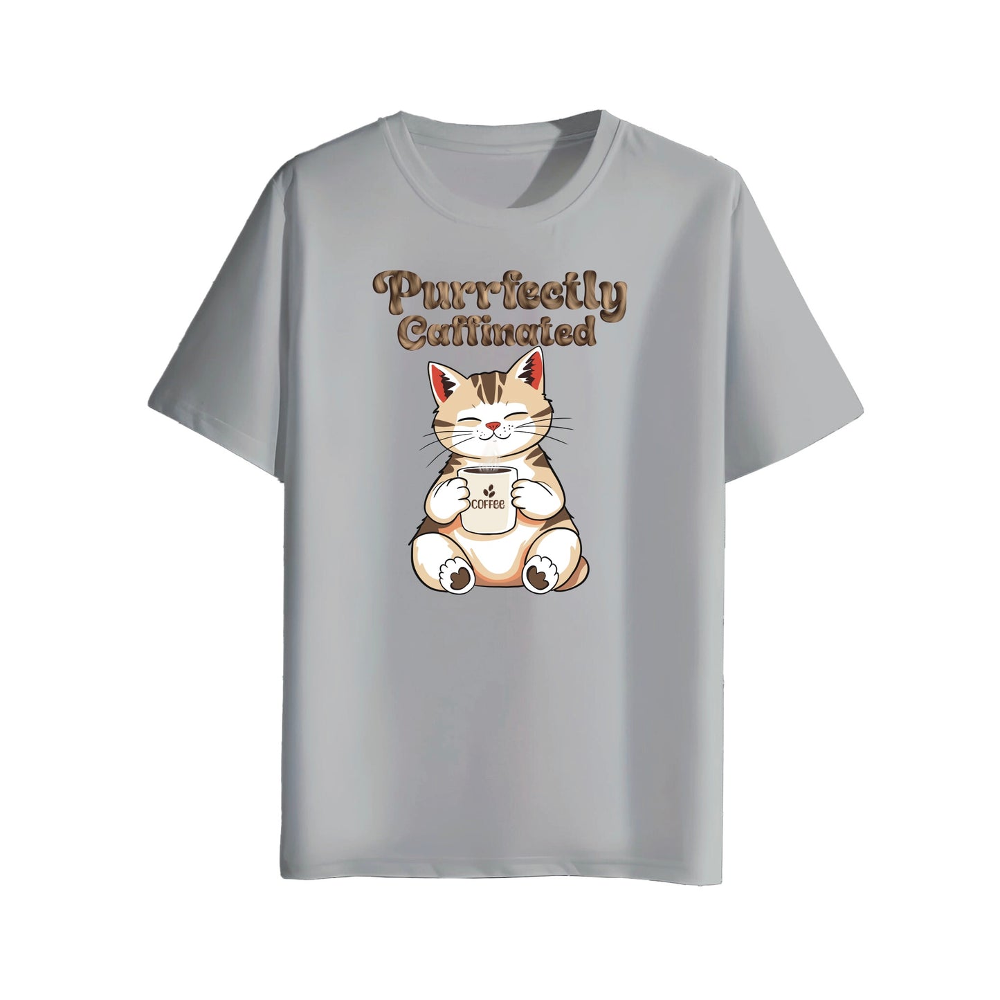 Gray t-shirt with a cat graphic and text on a white background
