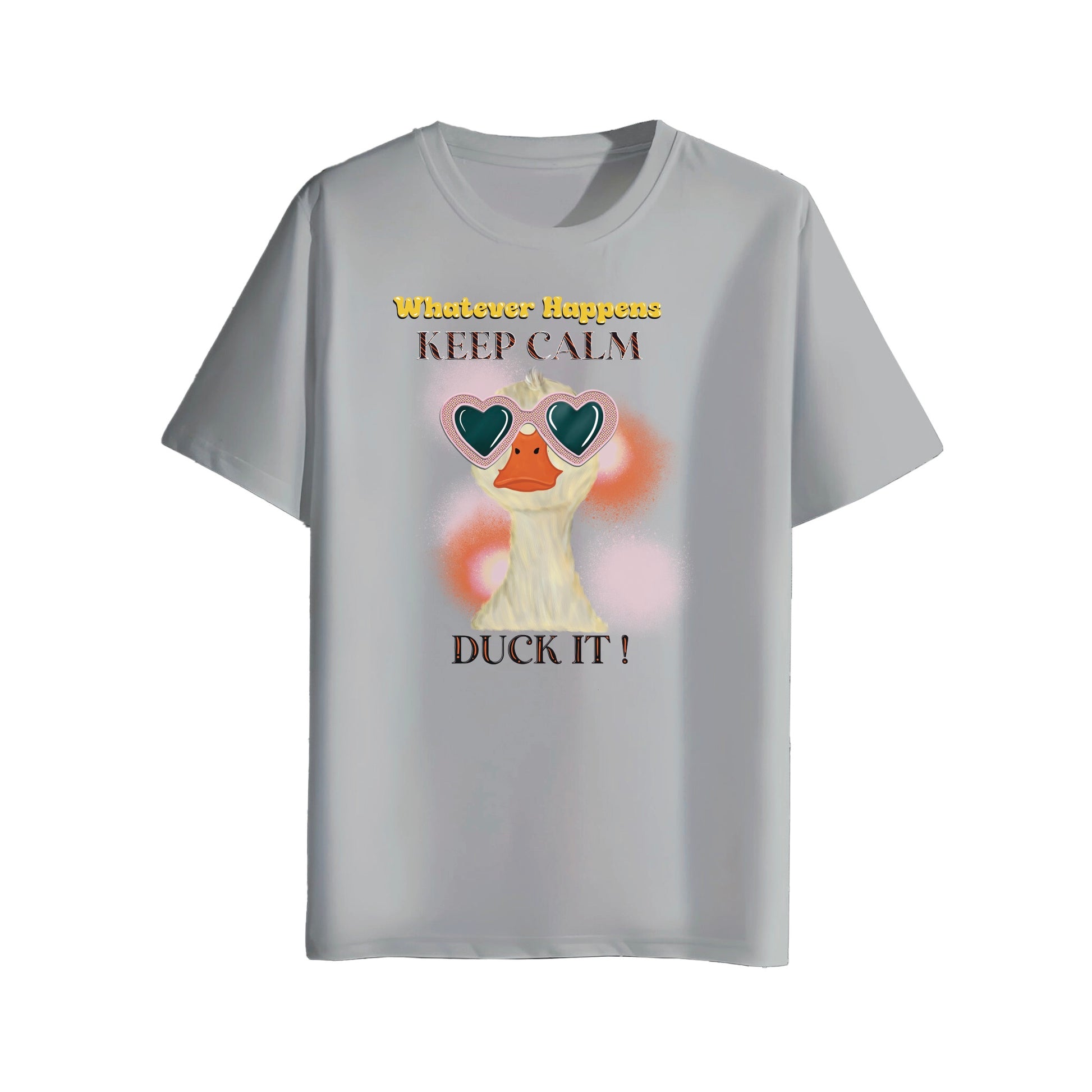 Gray t-shirt with a cartoon duck wearing sunglasses and text on a white background