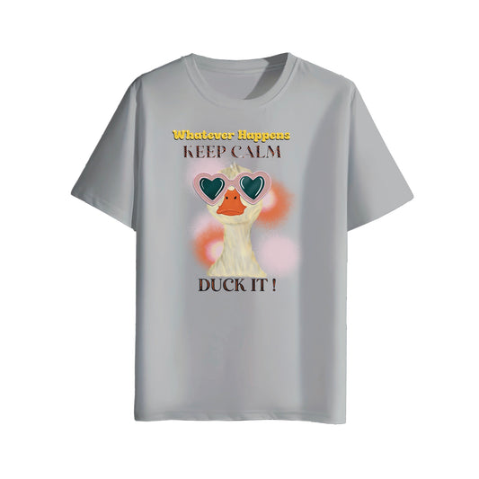 Gray t-shirt with a cartoon duck wearing sunglasses and text on a white background