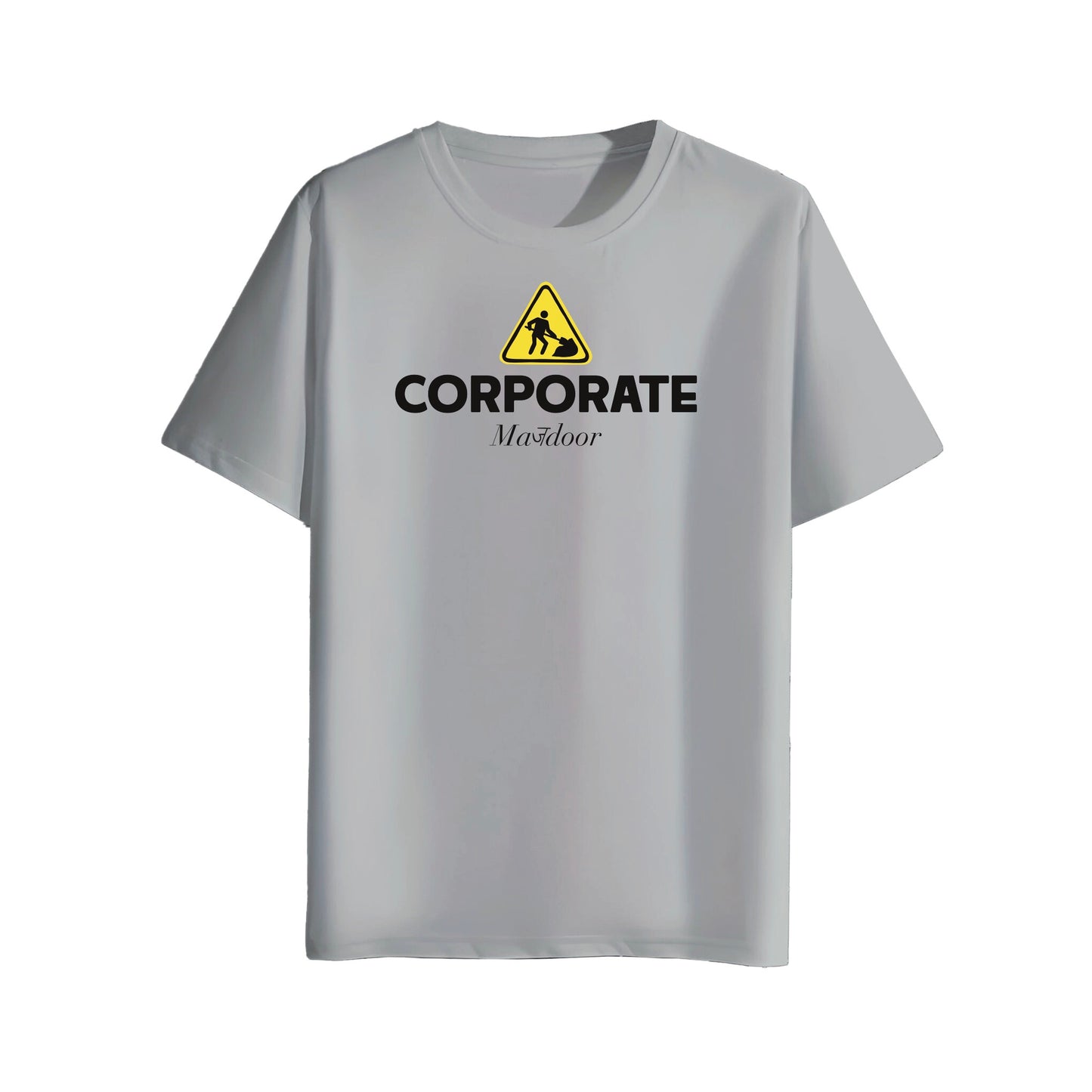 Gray t-shirt with 'CORPORATE' and a warning sign graphic on a white background