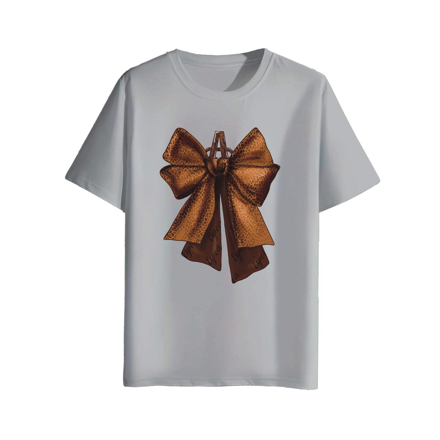gray t-shirt with a large brown bow graphic on a white background