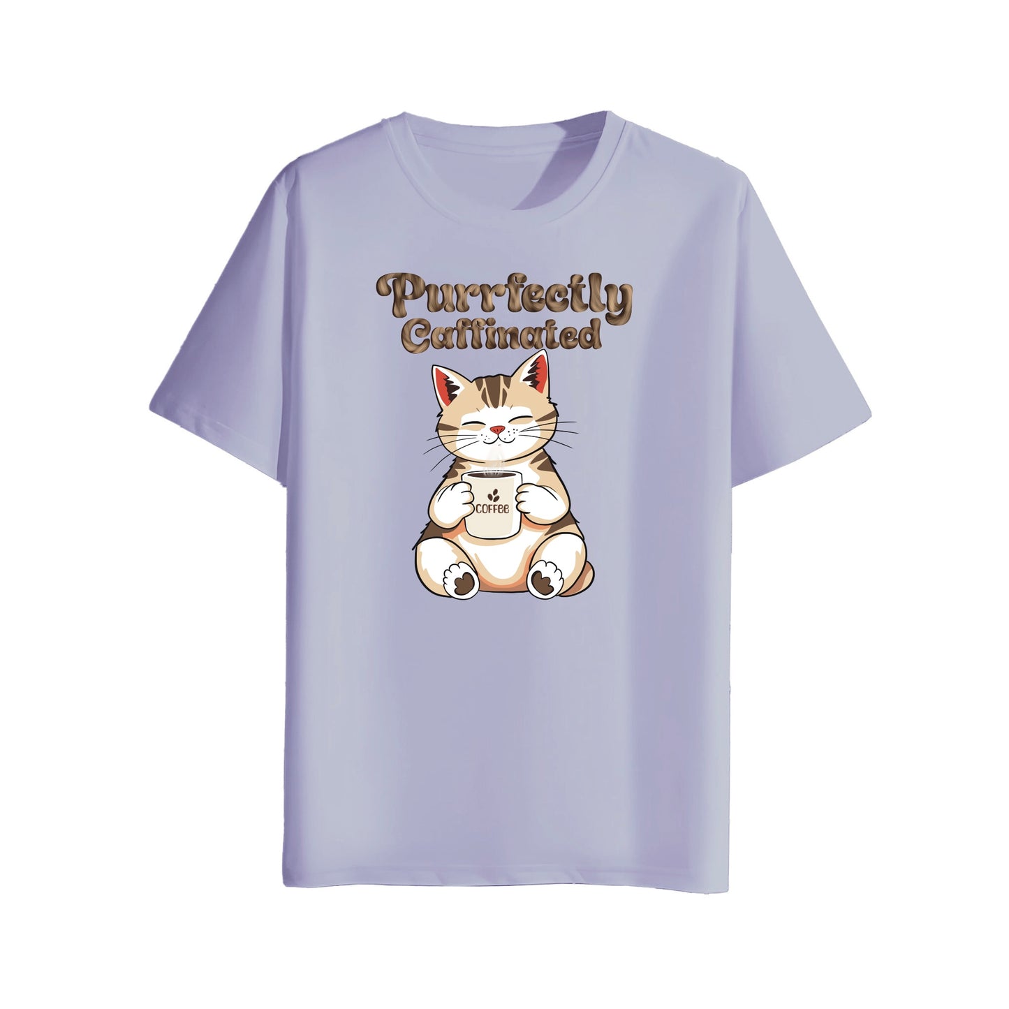 Light purple t-shirt with a cat graphic and text on a white background