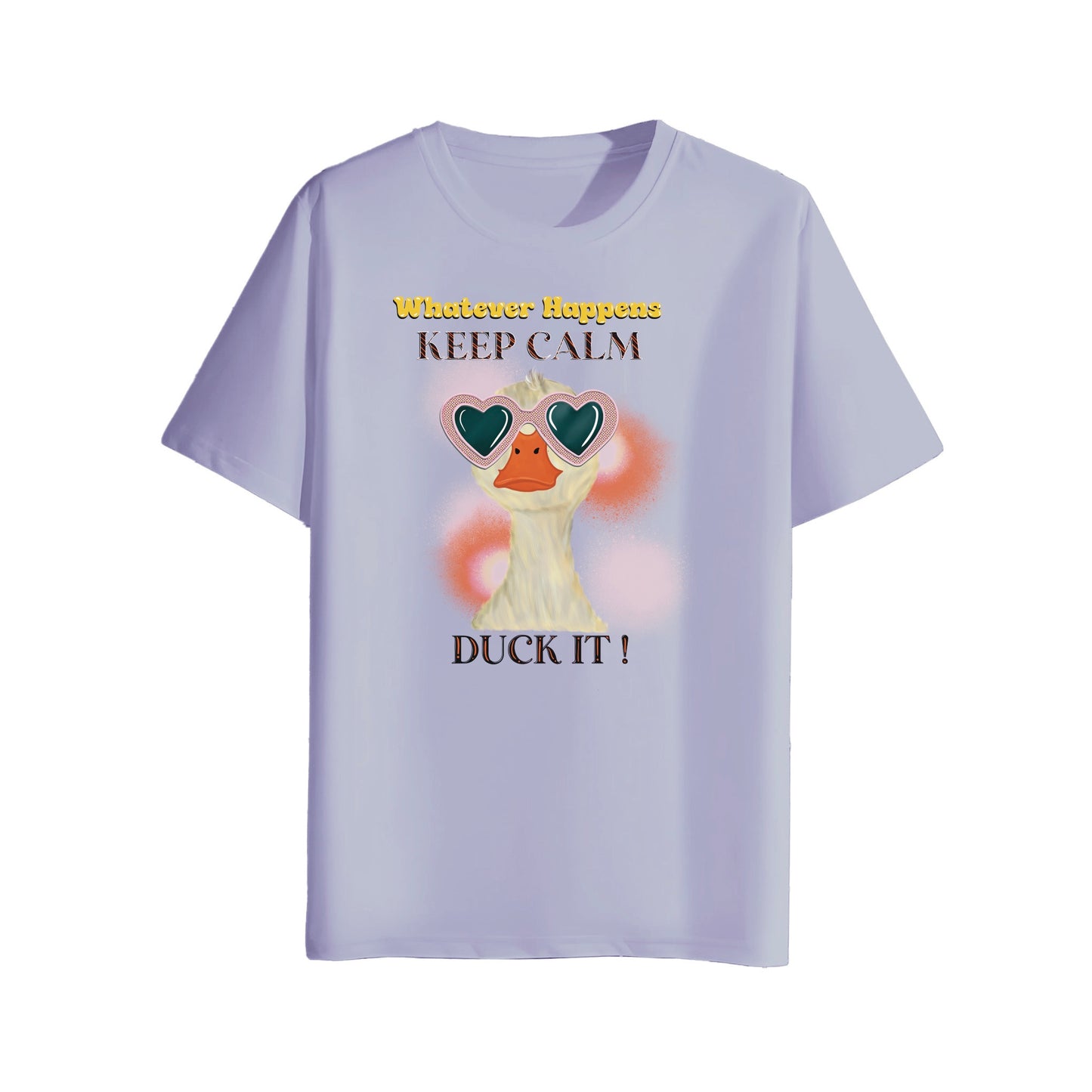 Light purple t-shirt with a cartoon duck wearing sunglasses and text on a white background