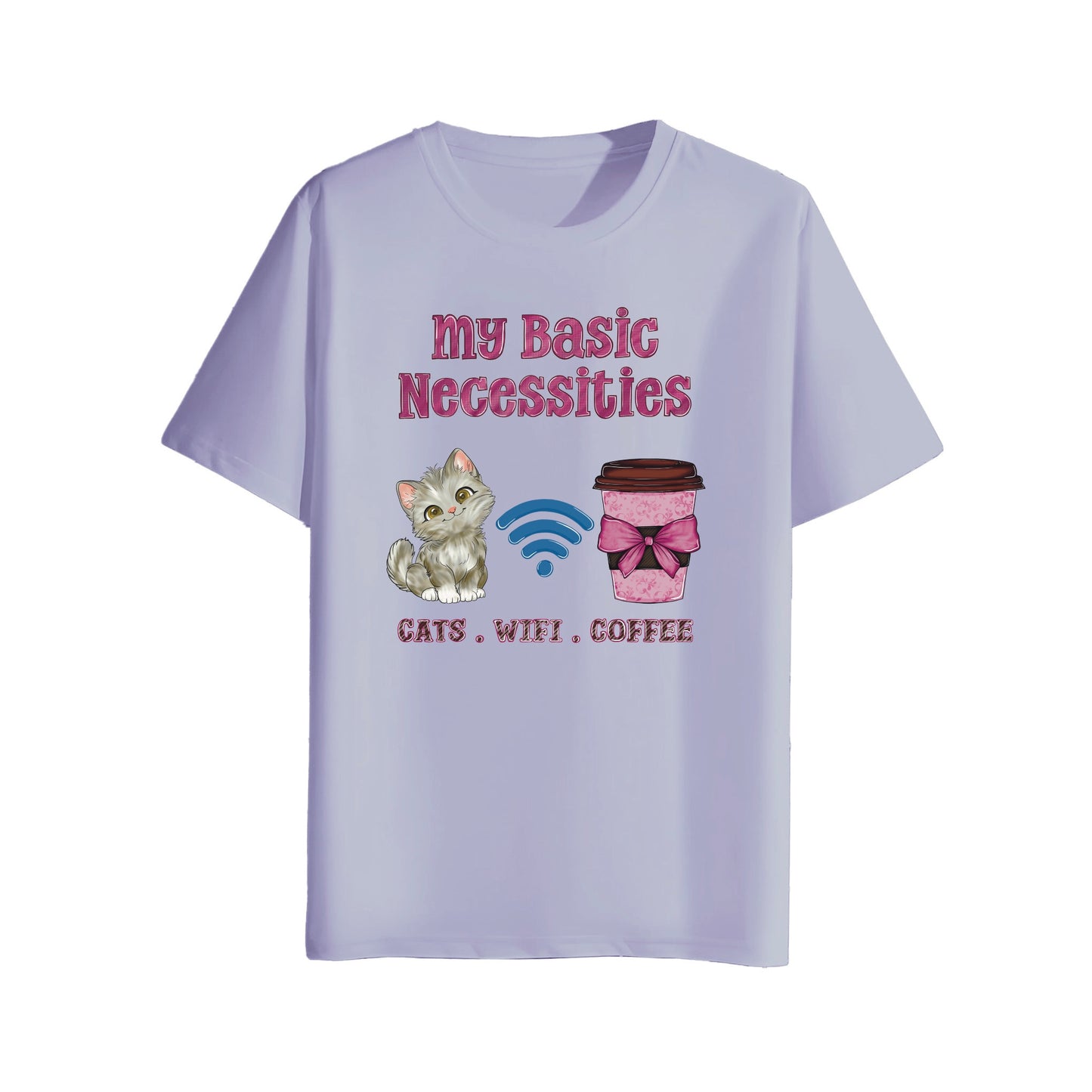 Light purple t-shirt with graphic design and text on a white background