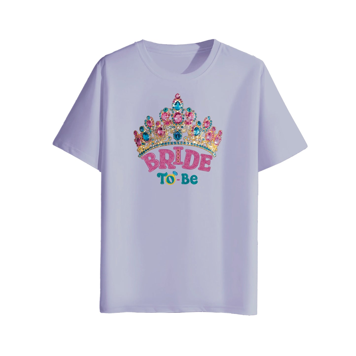 Light purple t-shirt with 'Bride To Be' text and colorful crown design on a white background