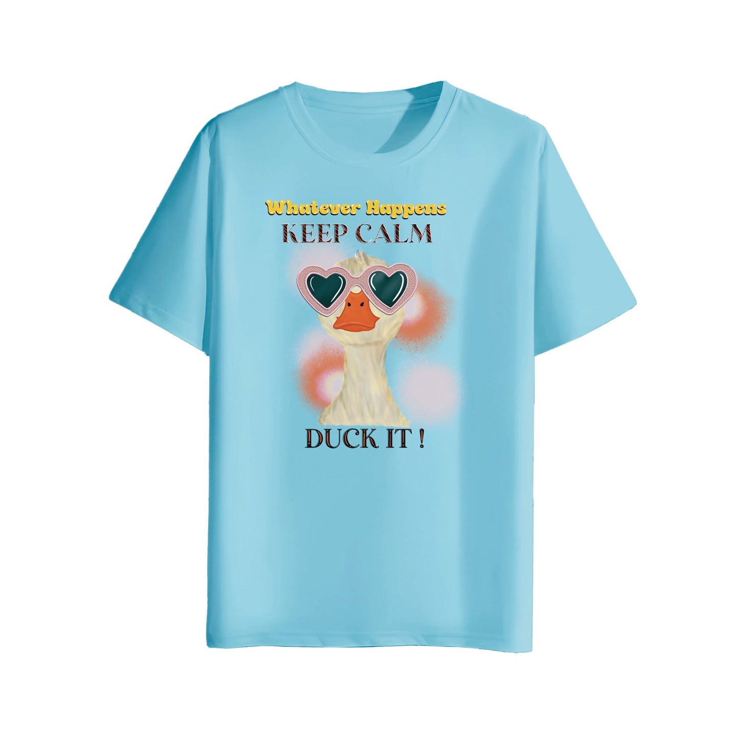 Light blue t-shirt with a cartoon duck design and text on a white background