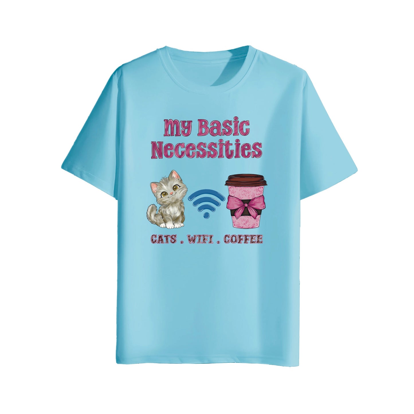 Light blue t-shirt with cat, wifi, and coffee cup graphic and text on a white background