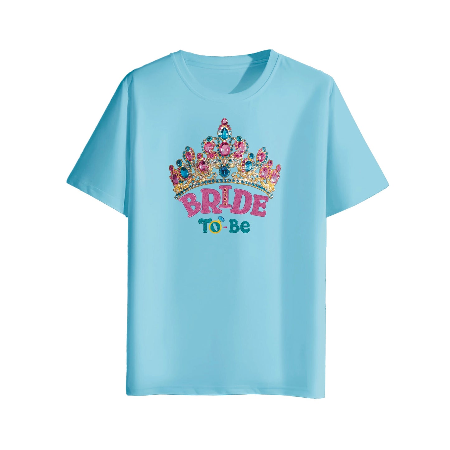 Light blue t-shirt with 'Bride To Be' text and tiara graphic on a white background