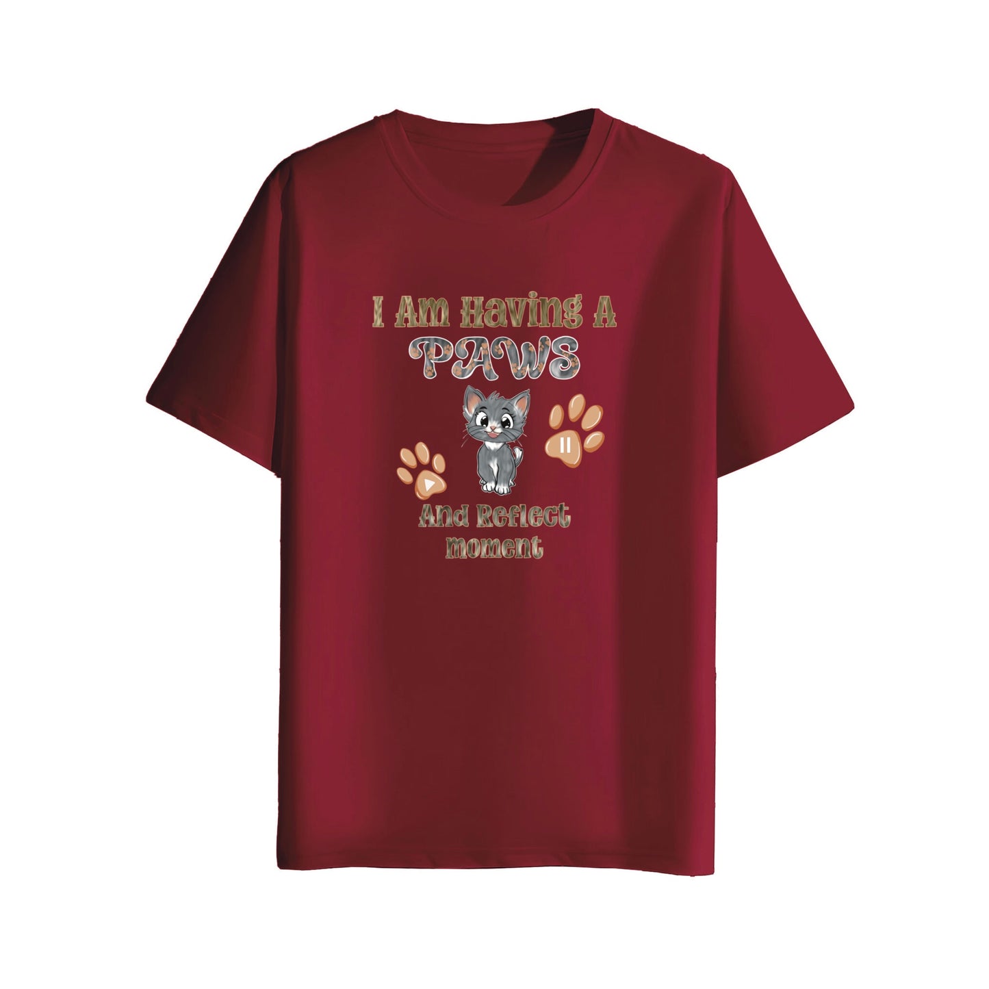 Maroon t-shirt with a cat graphic and text on a white background