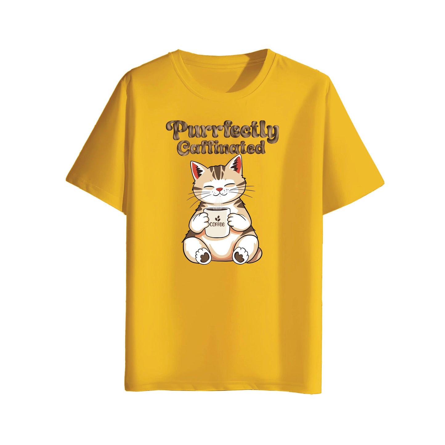 Yellow t-shirt with a cat graphic and text on a white background