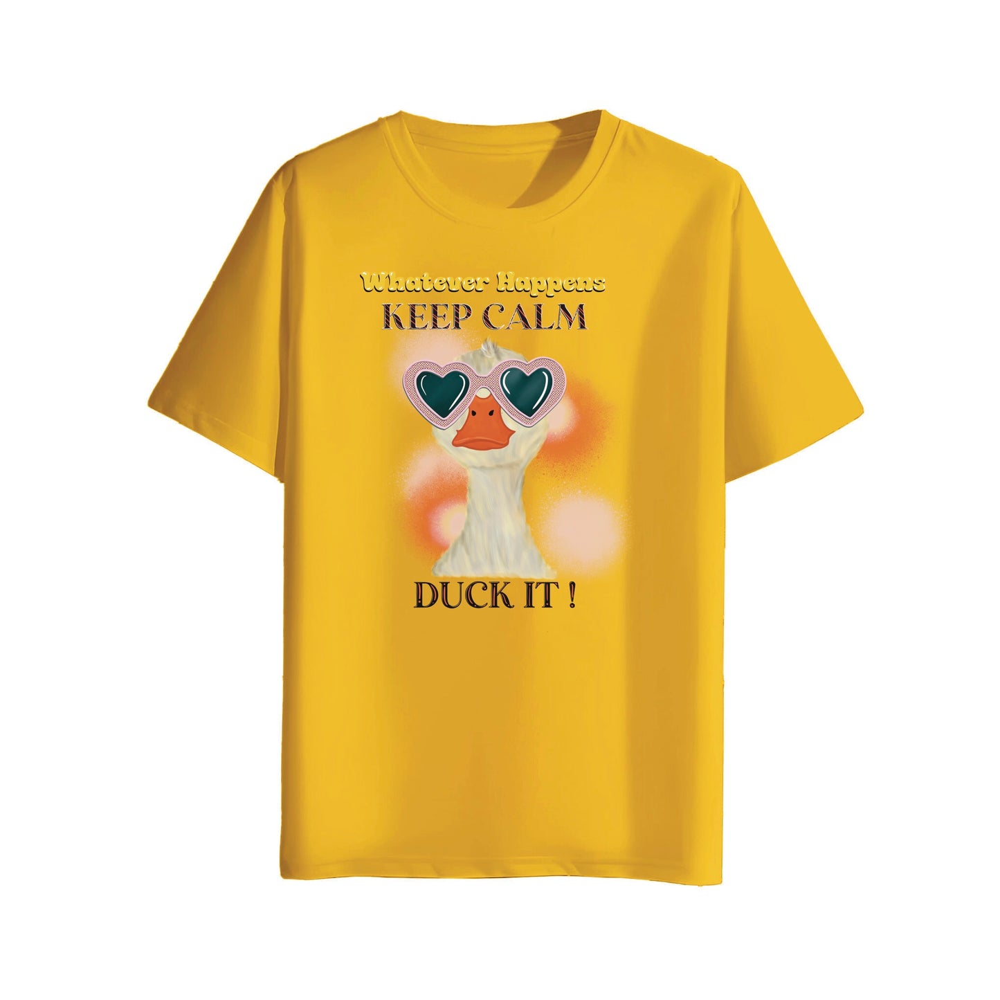 Yellow t-shirt with a duck graphic and text on a white background