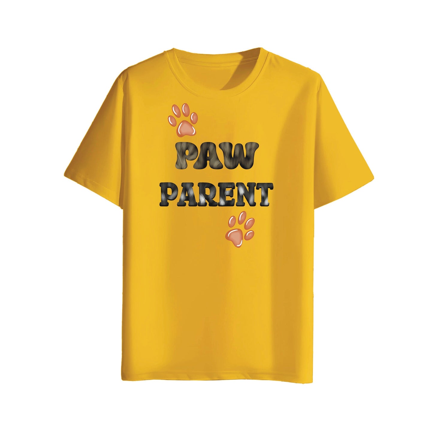 Yellow t-shirt with 'PAW PARENT' text and paw prints on a white background