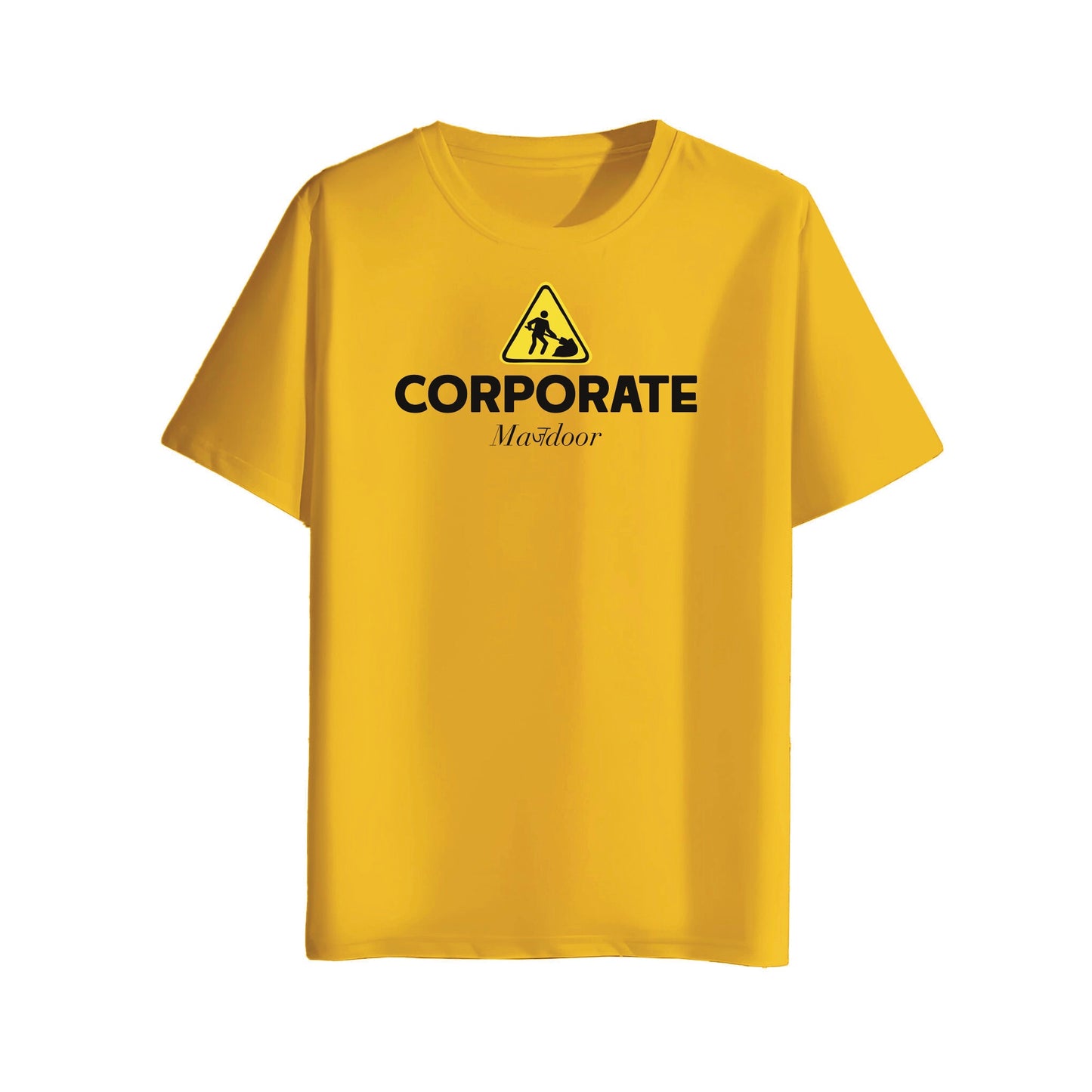 Yellow t-shirt with 'CORPORATE' and a logo on a white background