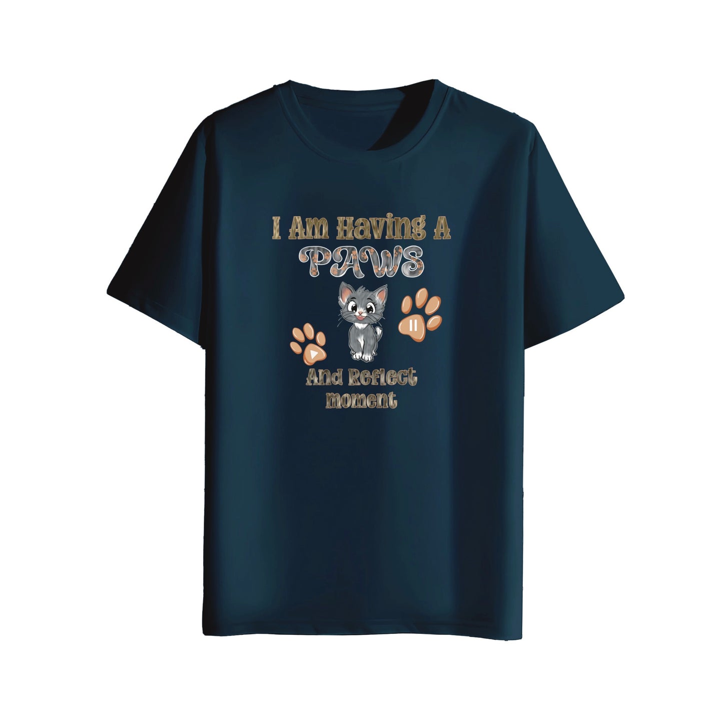 Navy blue t-shirt with a graphic of a cat and text on a white background