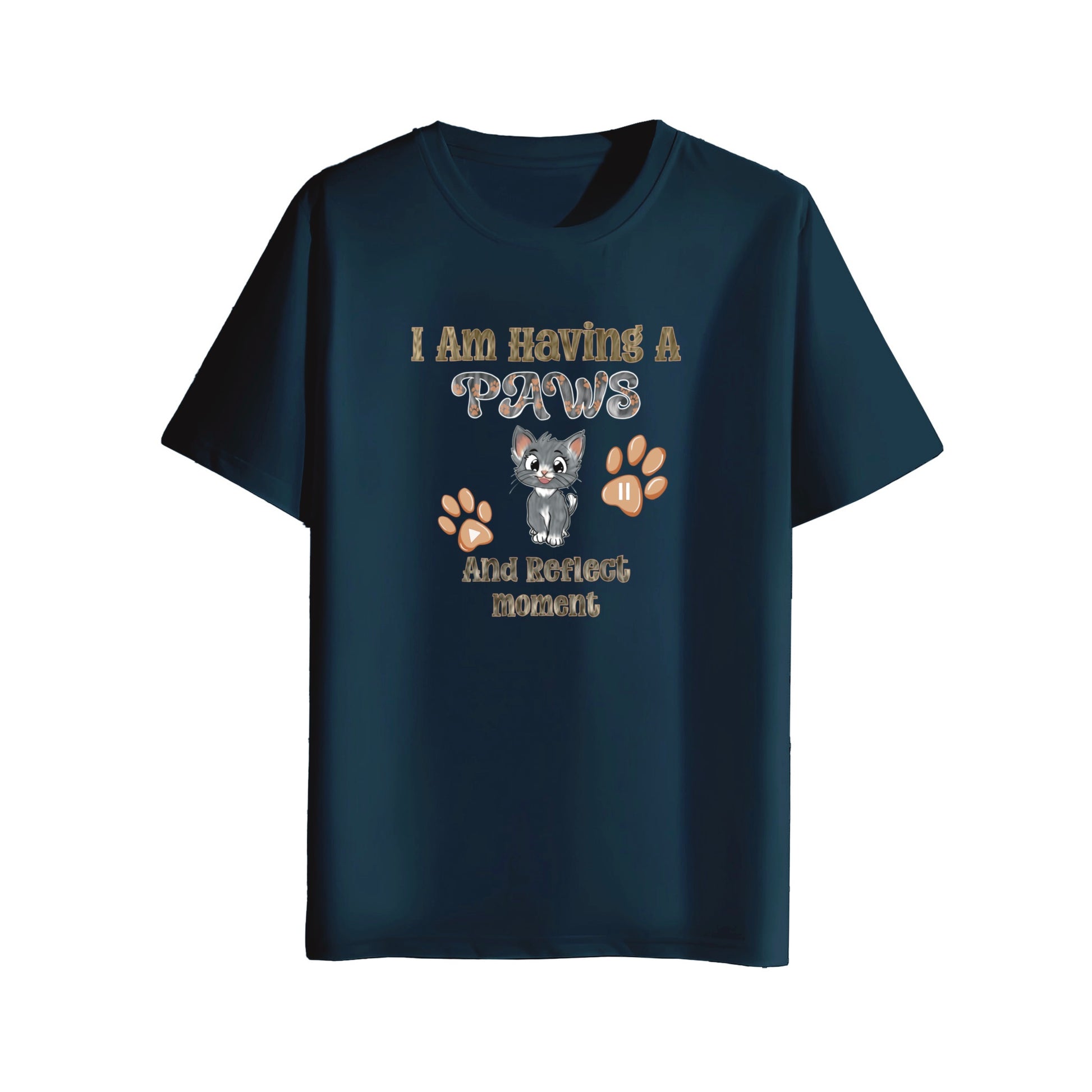Navy blue t-shirt with a graphic of a cat and text on a white background
