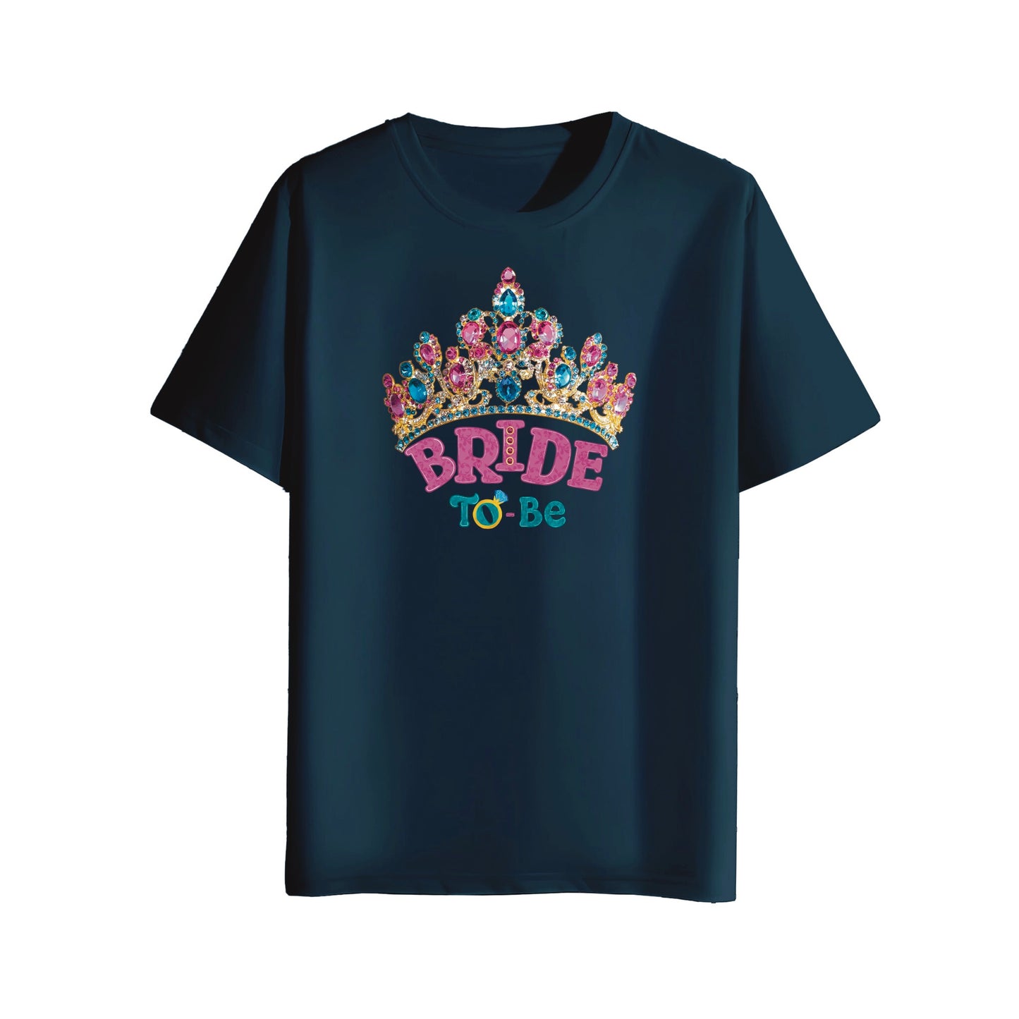 Navy blue t-shirt with 'Bride to Be' text and tiara design on a white background