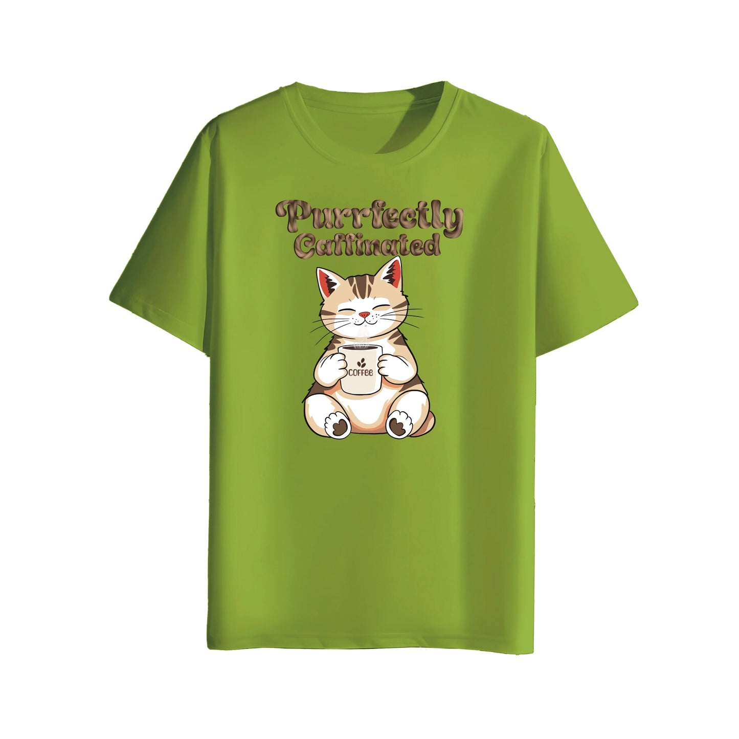 Green t-shirt with a cat graphic and text on a white background