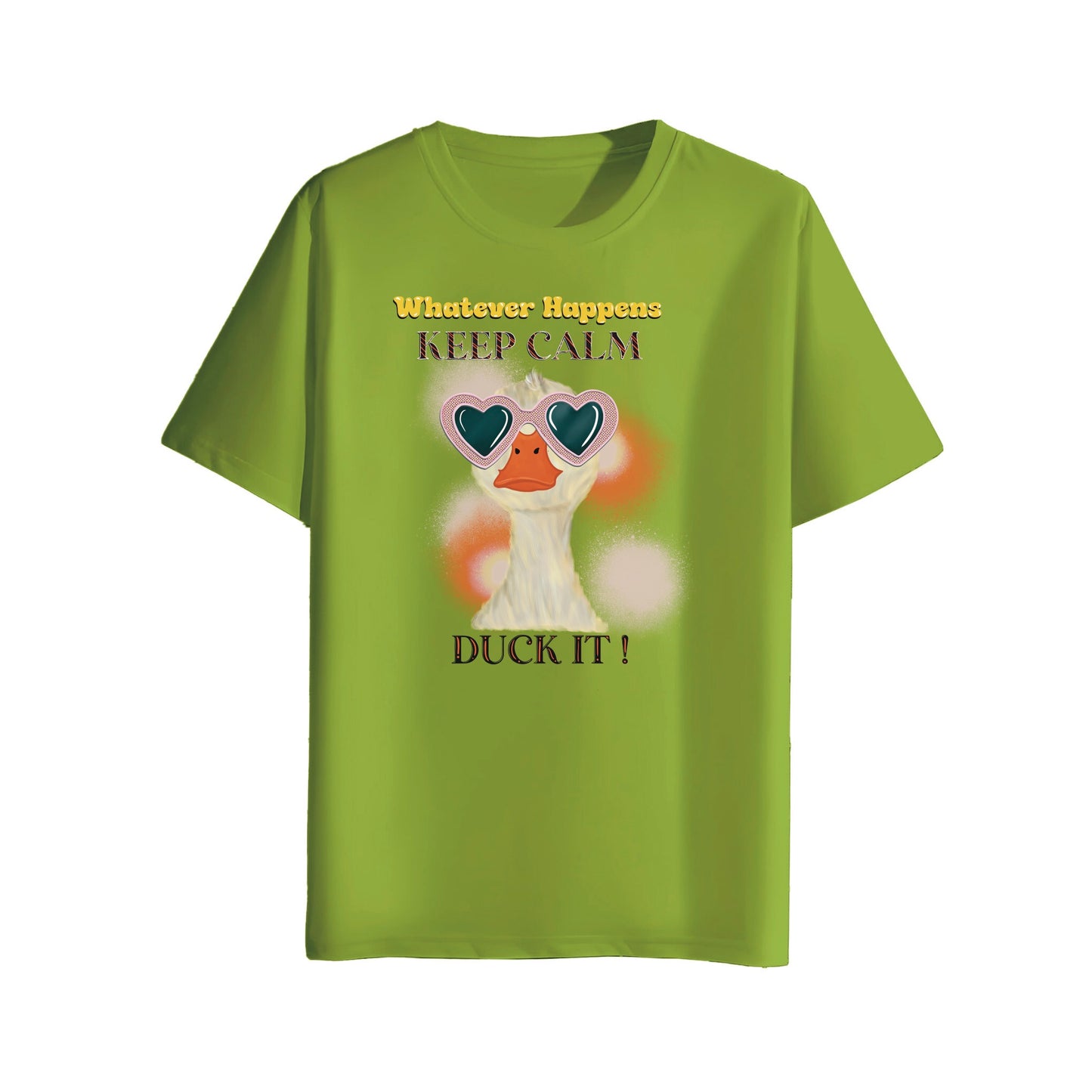 Green t-shirt with a duck graphic and text on a white background