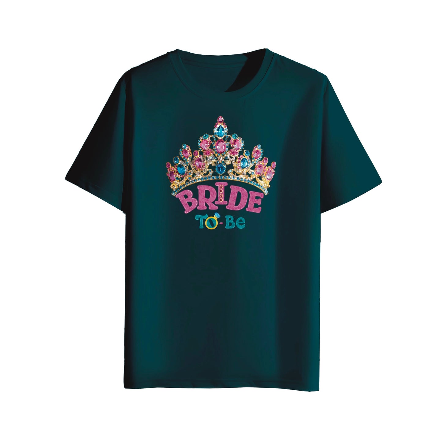 Petrol blue t-shirt with 'Bride To Be' tiara design on a white background