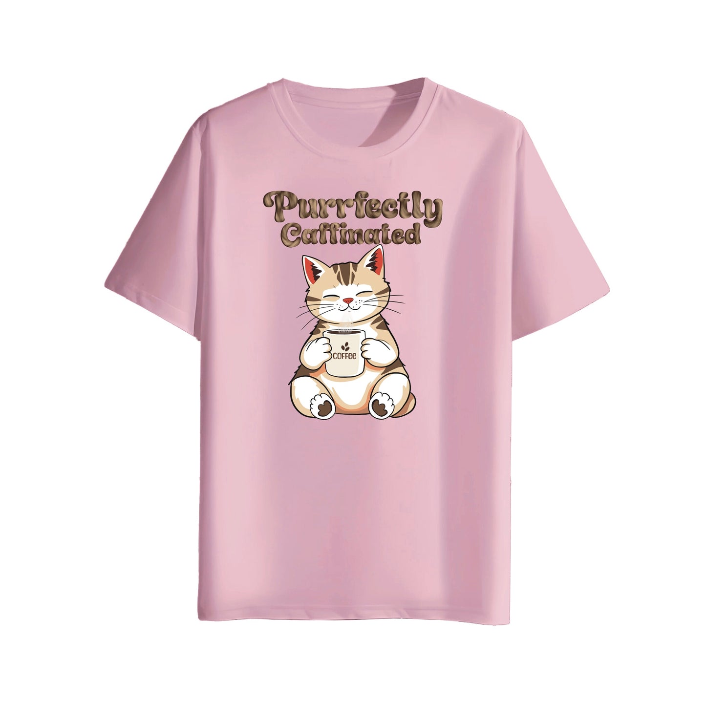 Pink t-shirt with a cat graphic and text on a white background