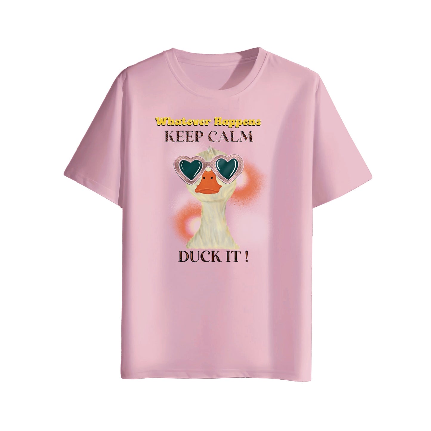 Pink t-shirt with a cartoon duck wearing sunglasses and text on a white background