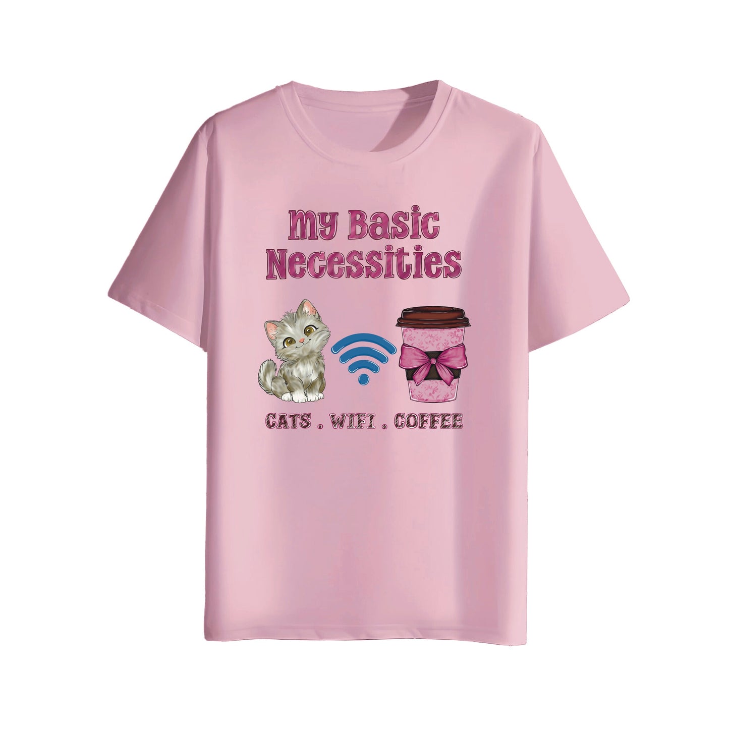 Pink t-shirt with text 'My Basic Necessities: Cats, Wifi, Coffee' and graphics on a white background