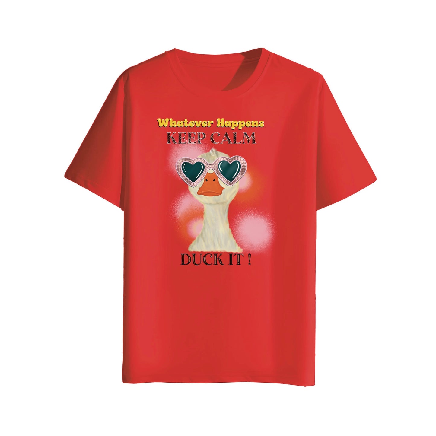 Red t-shirt with a duck graphic and text on a white background