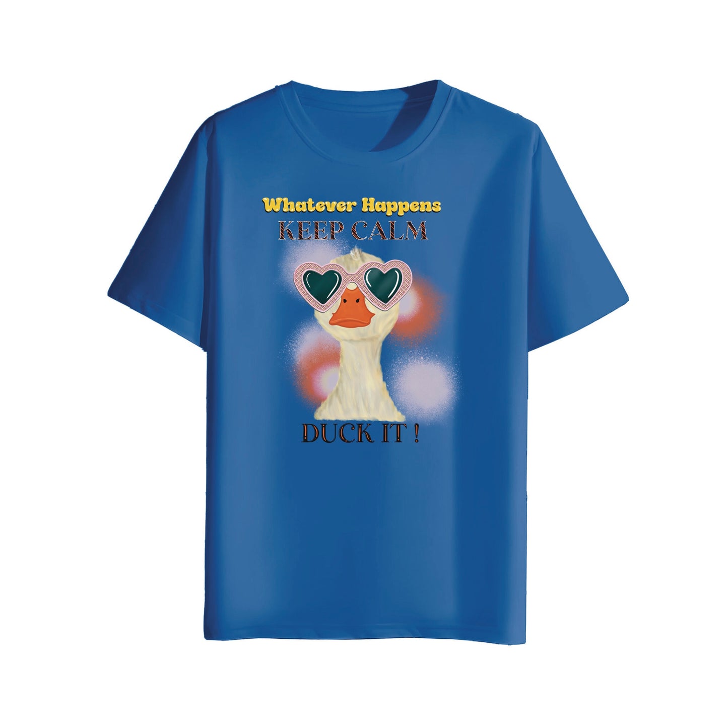 Blue t-shirt with a cartoon duck wearing sunglasses and text on a white background