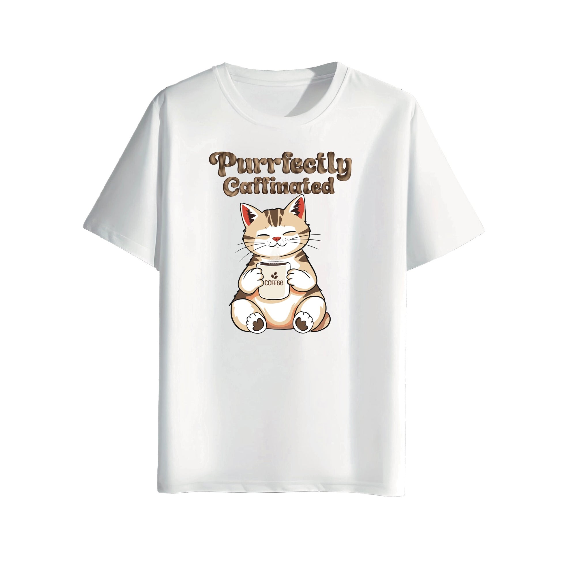 White t-shirt with a cartoon cat holding a coffee cup and text 'Purr-fectly Caffeinated' on a white background