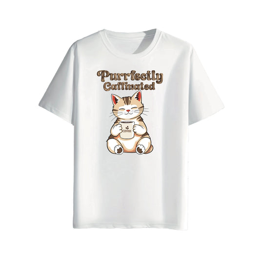 White t-shirt with a cartoon cat holding a coffee cup and text 'Purr-fectly Caffeinated' on a white background