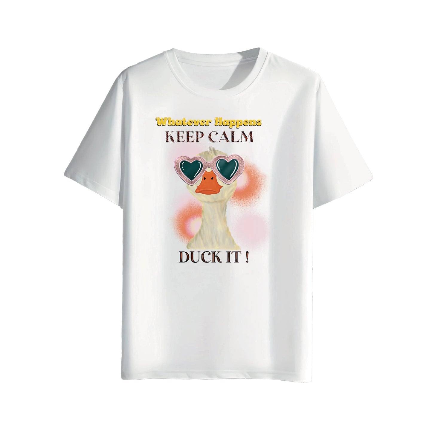 White t-shirt with a cartoon duck wearing sunglasses and text on a white background