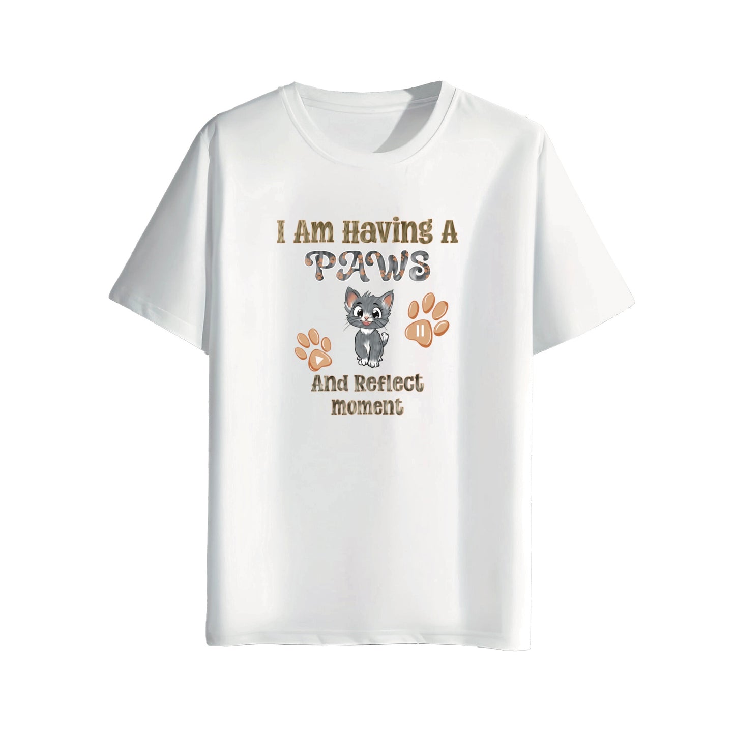 White t-shirt with a graphic of a cat and text 'I am having a PAWS And Reflect moment' on a white background