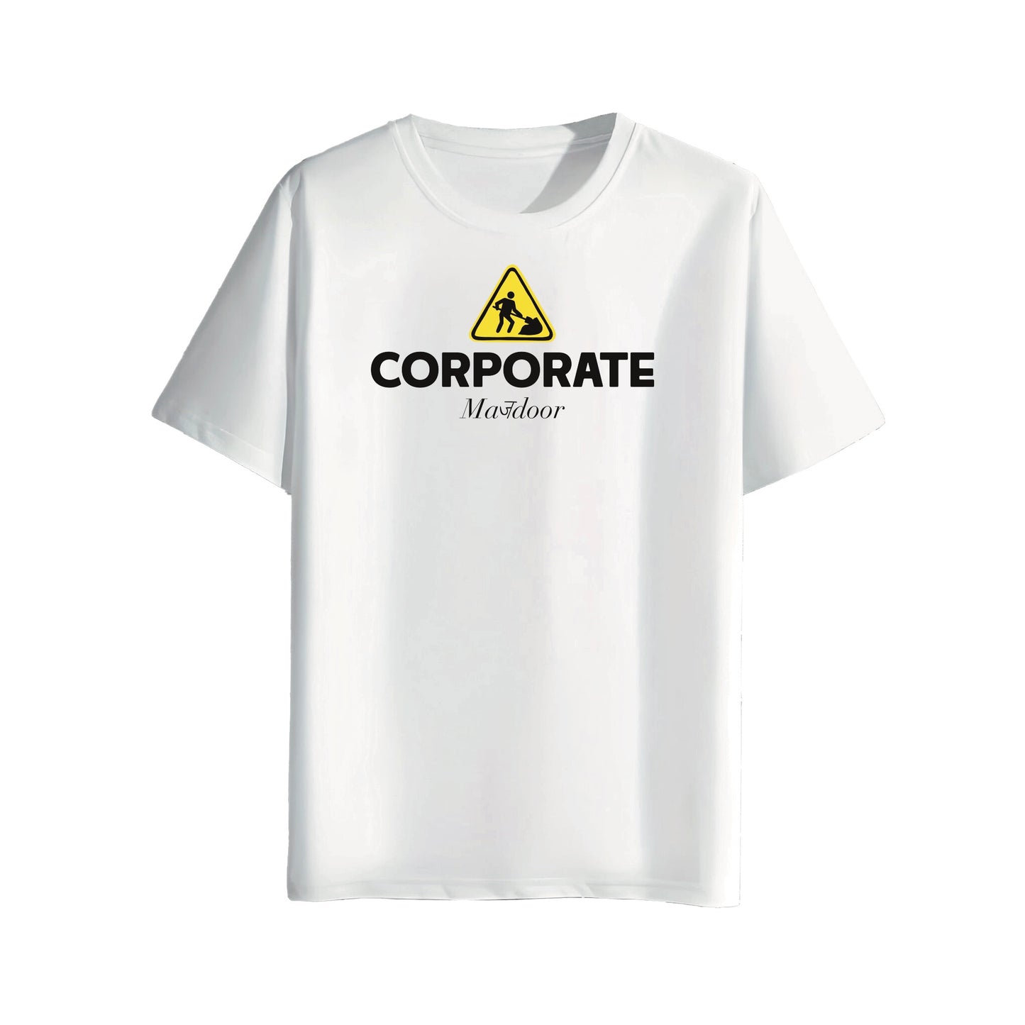 White t-shirt with 'CORPORATE' and logo on a white background