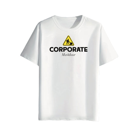 White t-shirt with 'CORPORATE' and logo on a white background
