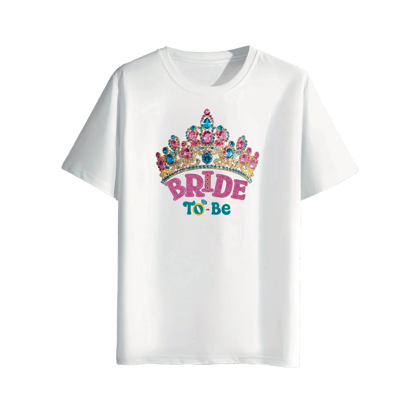 White t-shirt with 'Bride To Be' text and colorful crown design on a white background