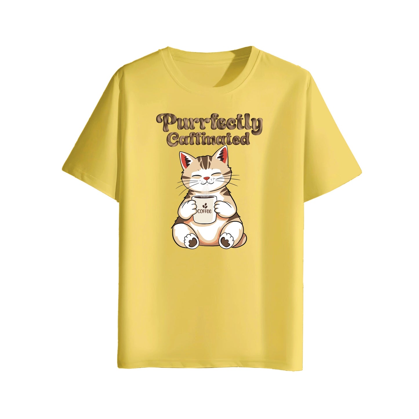 Yellow t-shirt with a cat graphic and text on a white background